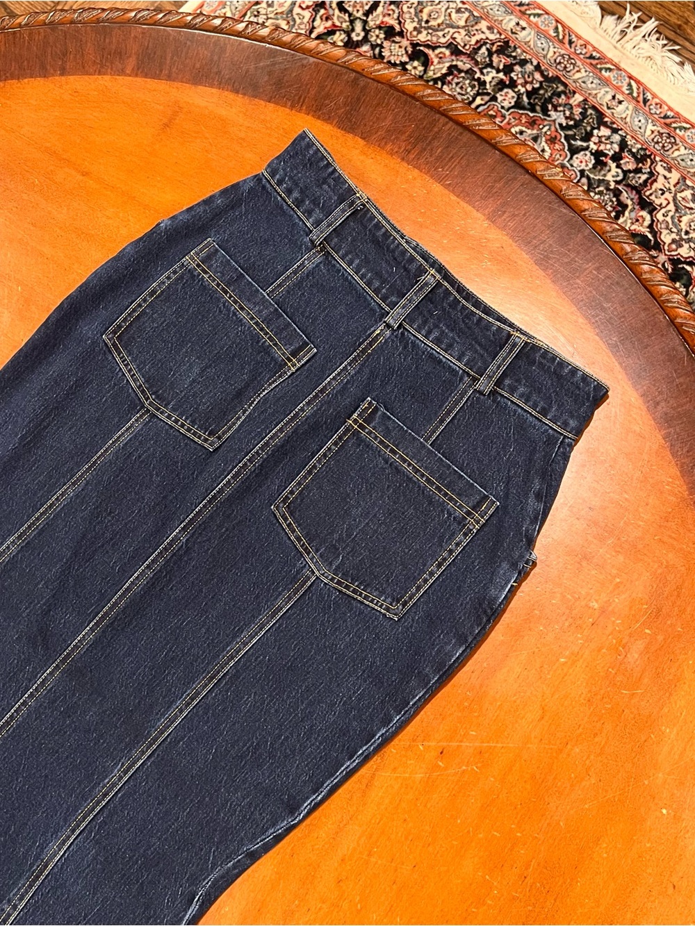 Pilcro x Anthropologie Fluted Denim Maxi Skirt Dark Wash 0 Stretch Seamed Jean - Picture 7 of 16